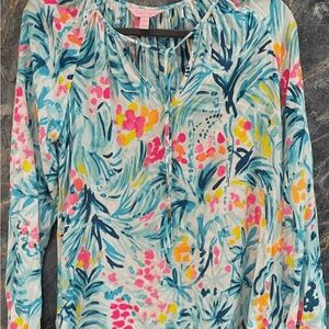 Lilly Pulitzer Womens Multicolor Floral Drawstring Tunic Blouse Size Small